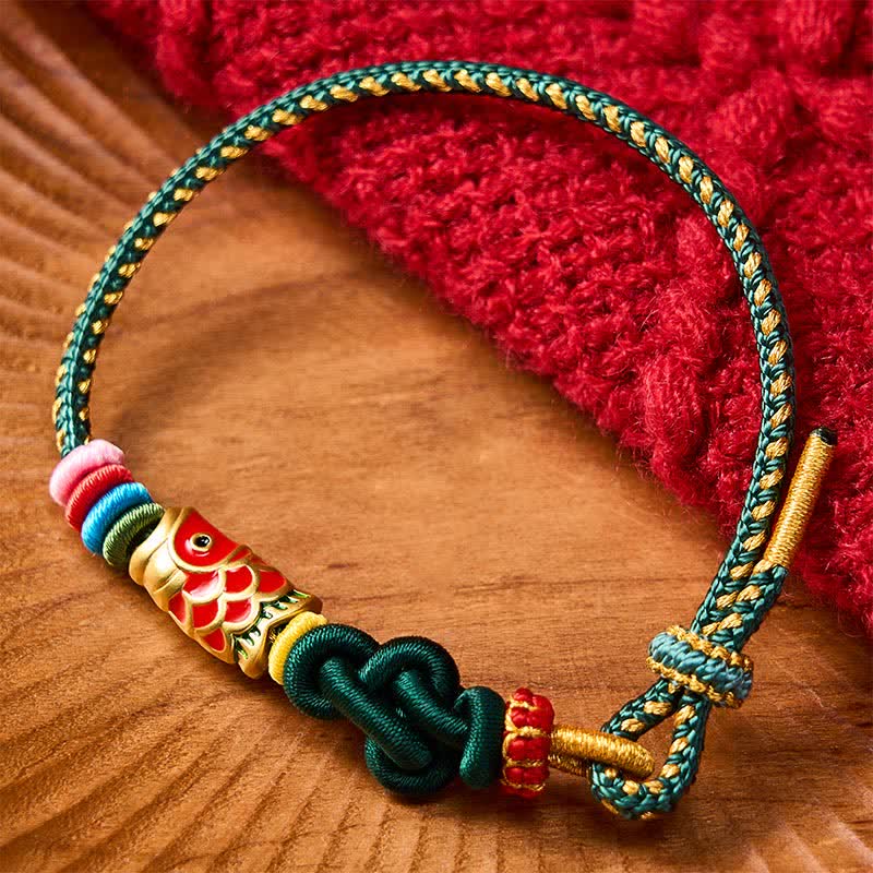 Buddha Stones Hand-Woven Dark Green Yellow String Red Koi Fish Protection Bracelet - Green(Wrist Circumference: 5.5-7.5 in / 14-19cm) - image 0