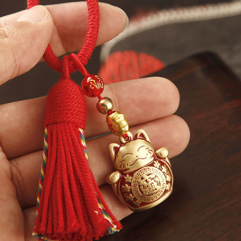 FREE Today: Blessing and Fortune Brass Hand-Woven Red String Fu Character Tassel Keychains - Lucky Cat Red Tassel - image 0