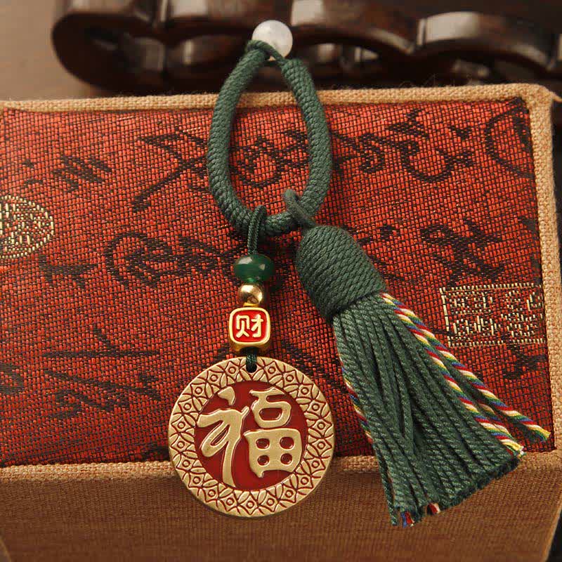 FREE Today: Blessing and Fortune Brass Hand-Woven Red String Fu Character Tassel Keychains - Fu Plaque Green Tassel - image 10