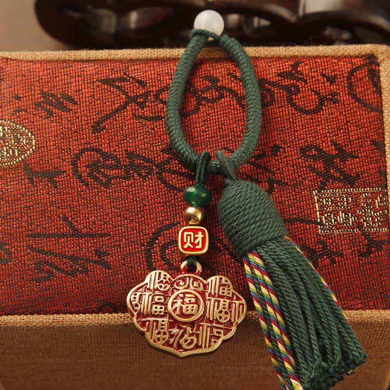 FREE Today: Blessing and Fortune Brass Hand-Woven Red String Fu Character Tassel Keychains - Longevity Lock Green Tassel - image 8