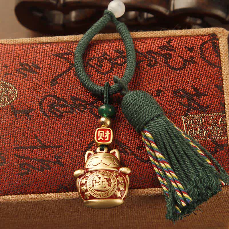 FREE Today: Blessing and Fortune Brass Hand-Woven Red String Fu Character Tassel Keychains - Lucky Cat Green Tassel - image 2