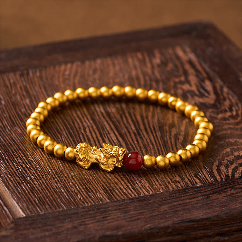 FREE Today: Wealth and Auspicioisness Gold Plated Copper Red Agate Pi Xiu Round Bead Bracelet - image 1