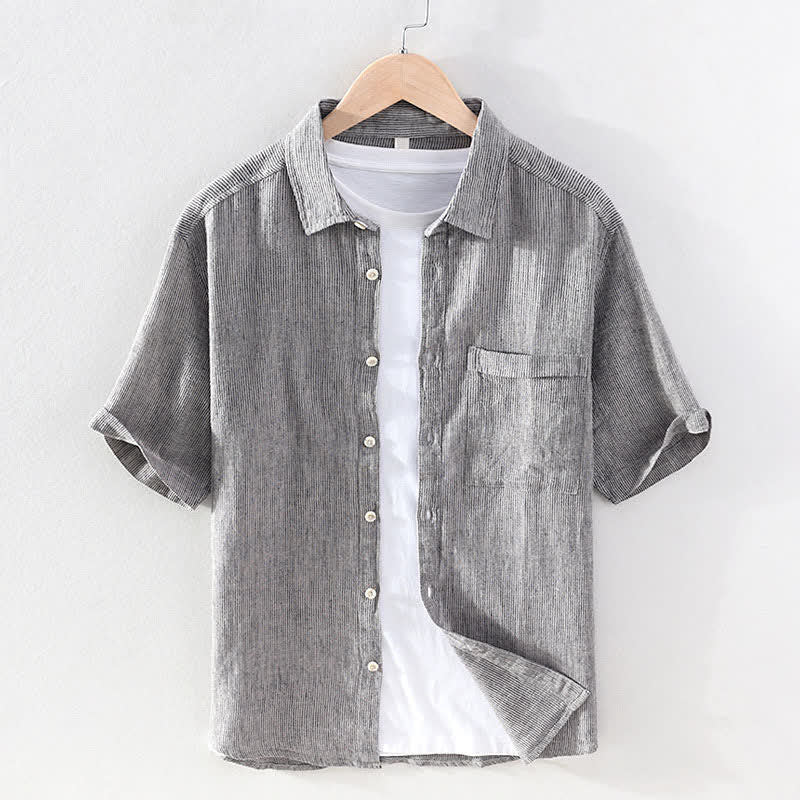 Buddha Stones Summer Casual Solid Striped Linen Men's Short Sleeve Shirts With Patch Pocket - LightGray - US/UK/AU42,EU52 (3XL) - image 7