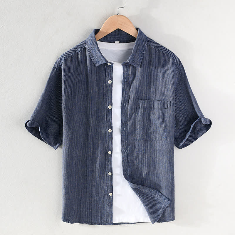 Buddha Stones Summer Casual Solid Striped Linen Men's Short Sleeve Shirts With Patch Pocket - SteelBlue - US/UK/AU42,EU52 (3XL) - image 0