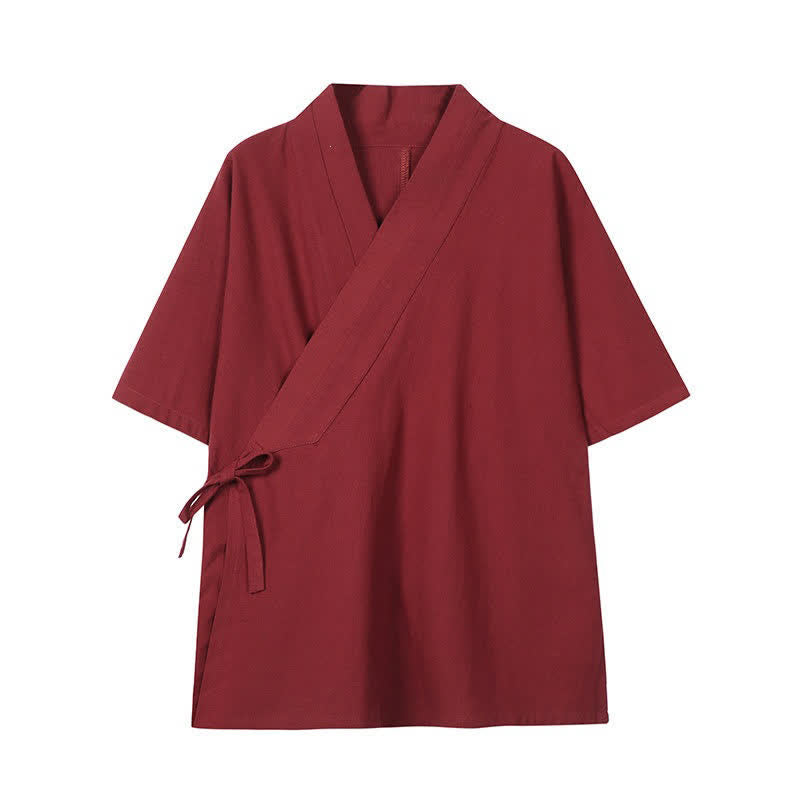 Buddha Stones Spring Summer Minimalist Drawstring Solid Cotton Linen Men's Kimono - Firebrick - US/UK/AU46,EU56 (5XL) - image 0
