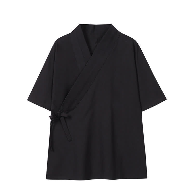 Buddha Stones Spring Summer Minimalist Drawstring Solid Cotton Linen Men's Kimono - Black - US/UK/AU46,EU56 (5XL) - image 10