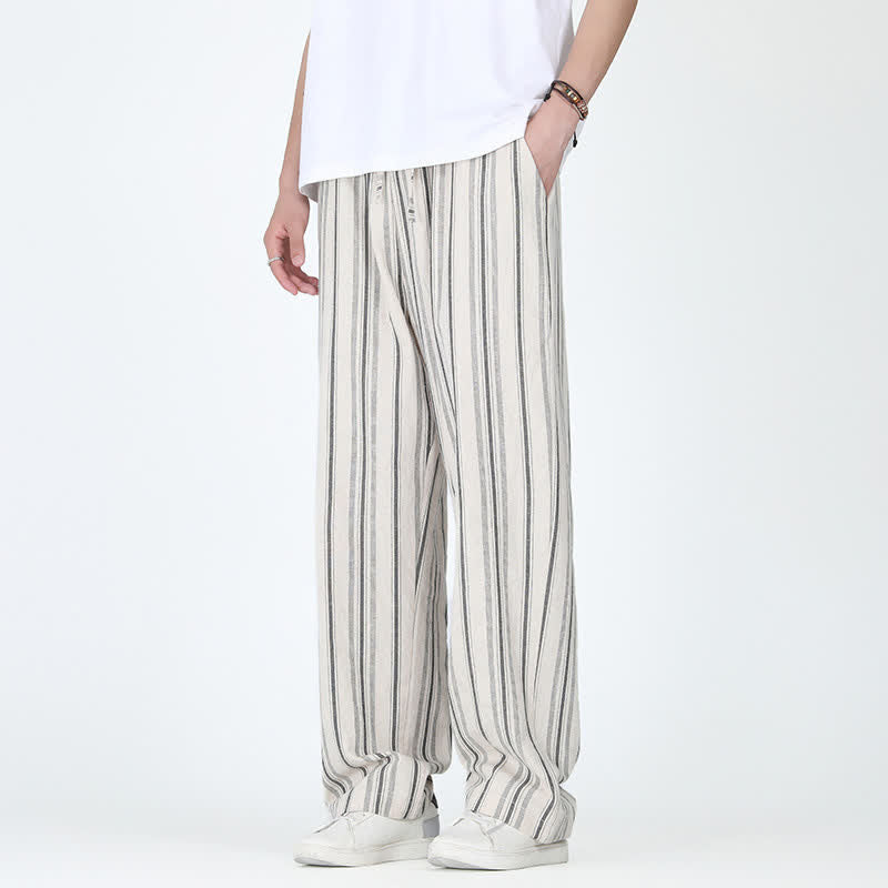 Buddha Stones Spring Summer Casual Vintage Drawstring Vertical Striped Ankle Pants Men's Straight Leg Pants With Pocket - Linen - US/UK/AU46,EU56 (5XL) - image 10