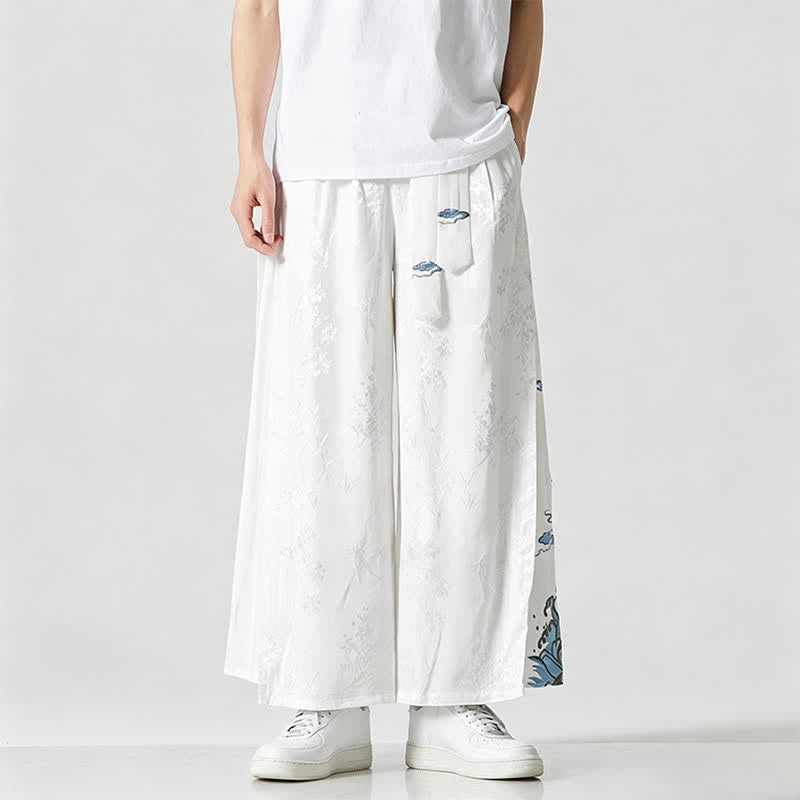 Buddha Stones Spring Summer Tang Style Drawstring Embroidery Abstract Cropped Pants Men's Wide Leg Pants With Pocket - White - US/UK/AU46,EU56 (5XL) - image 12