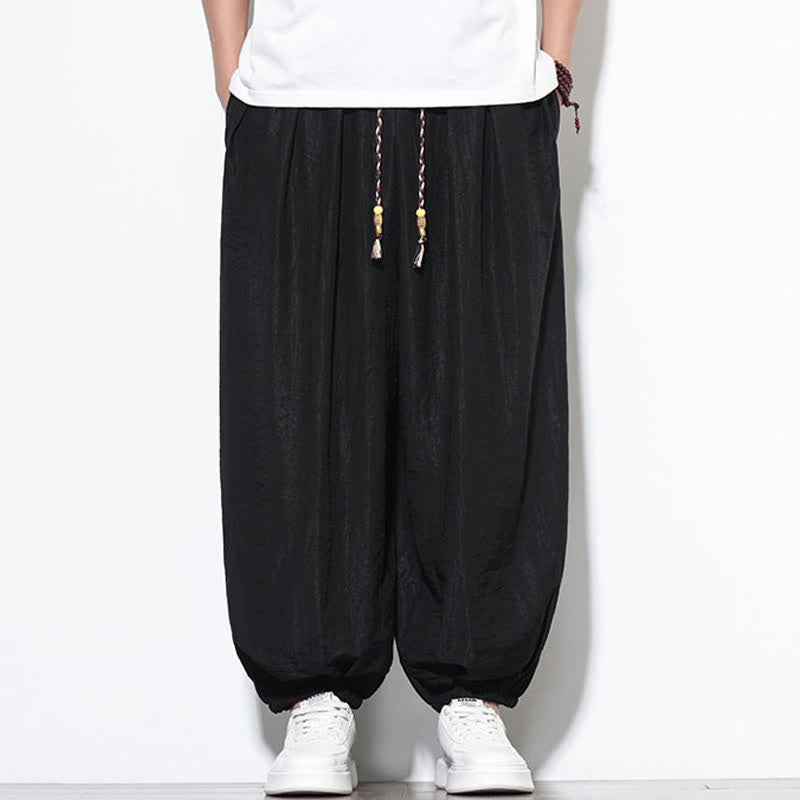 Buddha Stones Summer Casual Boho Drawstring Solid Cropped Pants Men's Harem Pants With Pocket - Black - US/UK/AU46,EU56 (5XL) - image 9