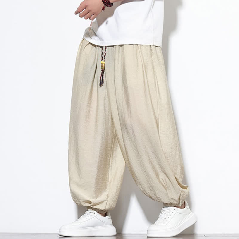 Buddha Stones Summer Casual Boho Drawstring Solid Cropped Pants Men's Harem Pants With Pocket - Beige - US/UK/AU46,EU56 (5XL) - image 0