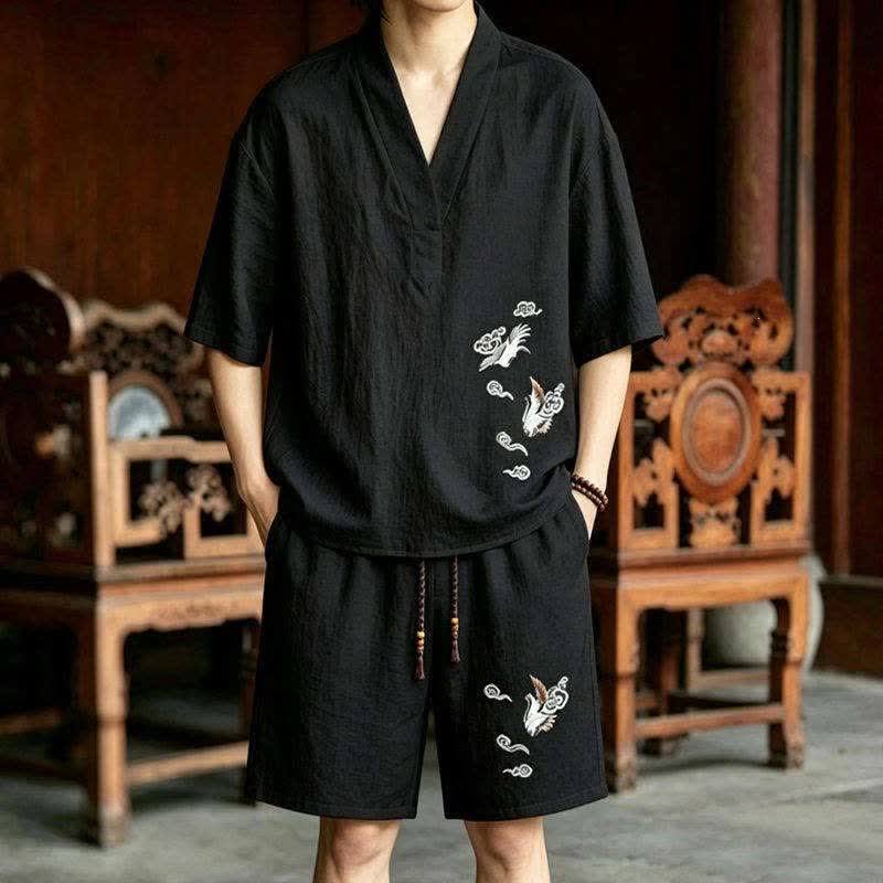 Buddha Stones 2Pcs Summer Tang Style Meditation Embroidery Crane Short Sleeve Shirt Shorts Men's Meditation Cloth With Pockets - Black Shirt+Black Shorts - US/UK/AU46,EU56 (5XL) - image 0