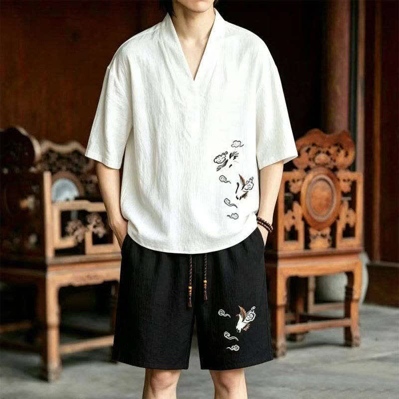 Buddha Stones 2Pcs Summer Tang Style Meditation Embroidery Crane Short Sleeve Shirt Shorts Men's Meditation Cloth With Pockets - White Shirt+Black Shorts - US/UK/AU46,EU56 (5XL) - image 5
