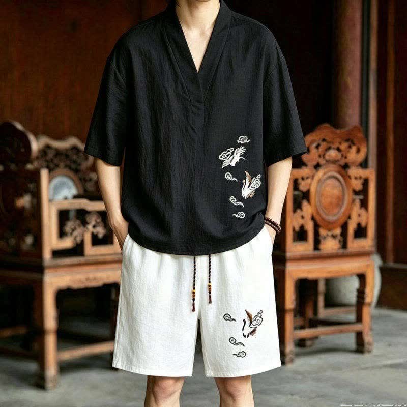 Buddha Stones 2Pcs Summer Tang Style Meditation Embroidery Crane Short Sleeve Shirt Shorts Men's Meditation Cloth With Pockets - Black Shirt+White Shorts - US/UK/AU46,EU56 (5XL) - image 4