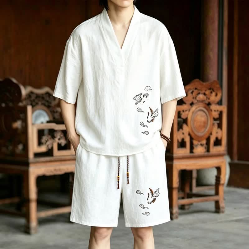 Buddha Stones 2Pcs Summer Tang Style Meditation Embroidery Crane Short Sleeve Shirt Shorts Men's Meditation Cloth With Pockets - White Shirt+White Shorts - US/UK/AU46,EU56 (5XL) - image 9