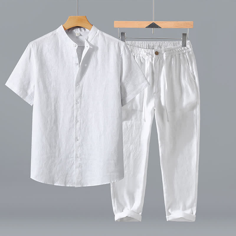 Buddha Stones 2Pcs Summer Tang Style Meditation Mandarin Collar Button-Up Solid Linen Short Sleeve Shirt Pants Men's Meditation Cloth With Pocket - White Shirt+Pants - US/UK/AU42,EU52 (3XL) - image 19