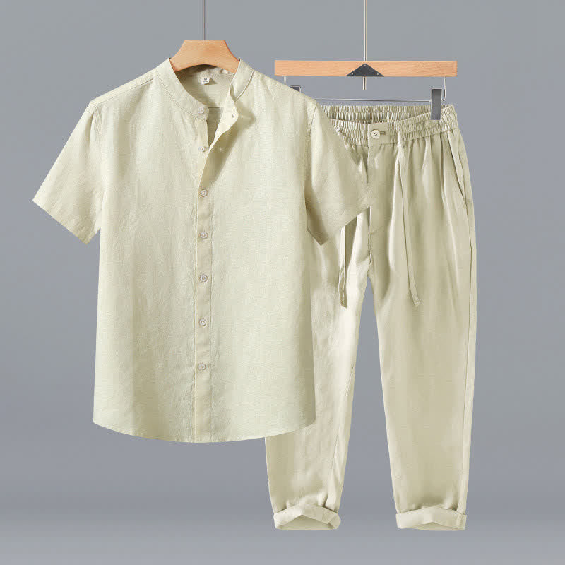 Buddha Stones 2Pcs Summer Tang Style Meditation Mandarin Collar Button-Up Solid Linen Short Sleeve Shirt Pants Men's Meditation Cloth With Pocket - Beige Shirt+Pants - US/UK/AU42,EU52 (3XL) - image 10