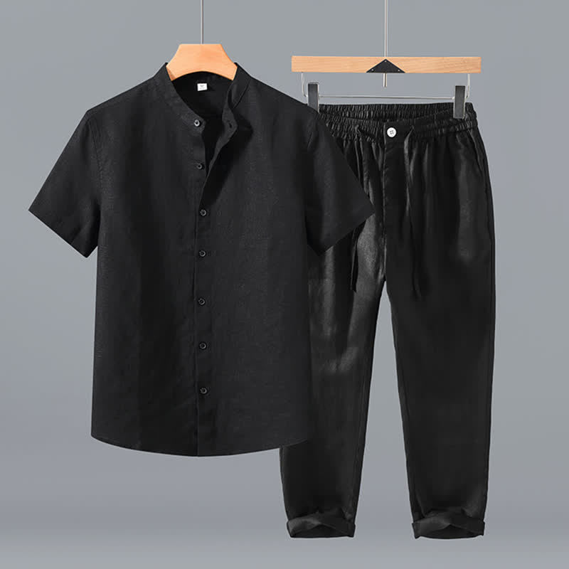 Buddha Stones 2Pcs Summer Tang Style Meditation Mandarin Collar Button-Up Solid Linen Short Sleeve Shirt Pants Men's Meditation Cloth With Pocket - Black Shirt+Pants - US/UK/AU42,EU52 (3XL) - image 1