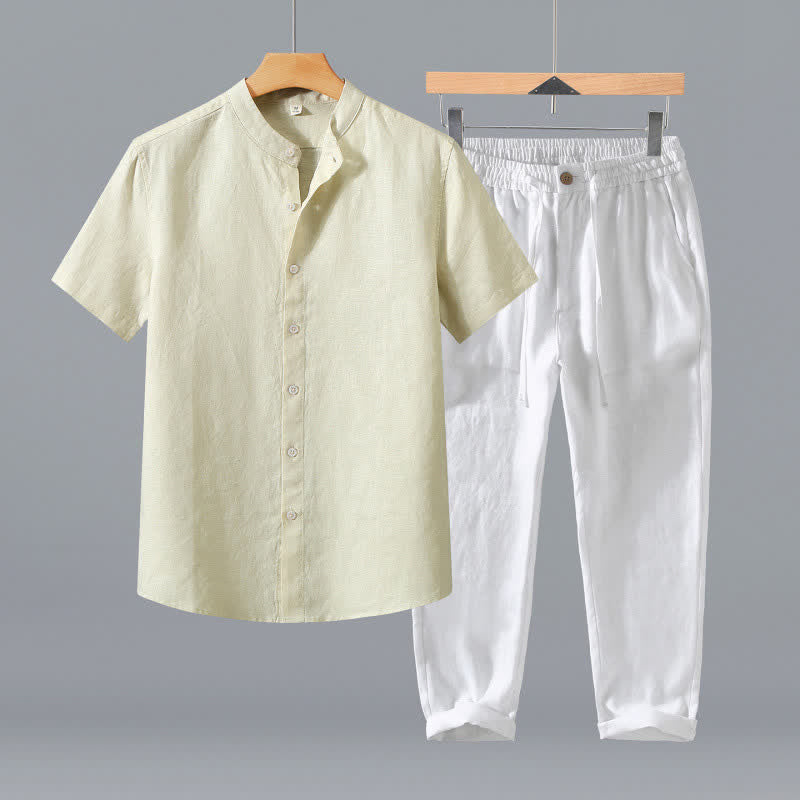 Buddha Stones 2Pcs Summer Tang Style Meditation Mandarin Collar Button-Up Solid Linen Short Sleeve Shirt Pants Men's Meditation Cloth With Pocket - Beige Shirt+White Pants - US/UK/AU42,EU52 (3XL) - image 17
