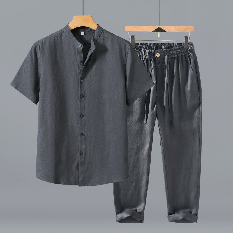 Buddha Stones 2Pcs Summer Tang Style Meditation Mandarin Collar Button-Up Solid Linen Short Sleeve Shirt Pants Men's Meditation Cloth With Pocket - Gray Shirt+Pants - US/UK/AU42,EU52 (3XL) - image 0