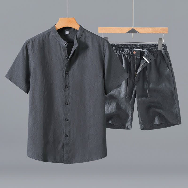 Buddha Stones 2Pcs Summer Mandarin Collar Button-Up Solid Linen Short Sleeve Shirt Shorts Men's Meditation Cloth With Pocket - Gray Shirt+Shorts - US/UK/AU42,EU52 (3XL) - image 9