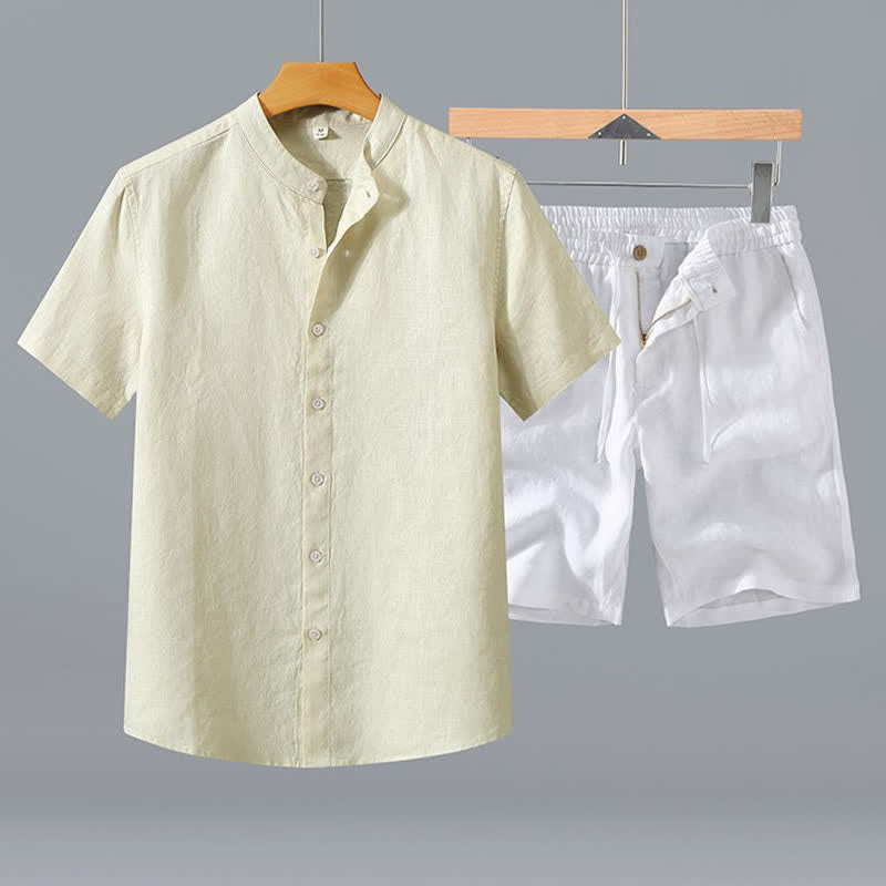 Buddha Stones 2Pcs Summer Mandarin Collar Button-Up Solid Linen Short Sleeve Shirt Shorts Men's Meditation Cloth With Pocket - Beige Shirt+White Shorts - US/UK/AU42,EU52 (3XL) - image 10