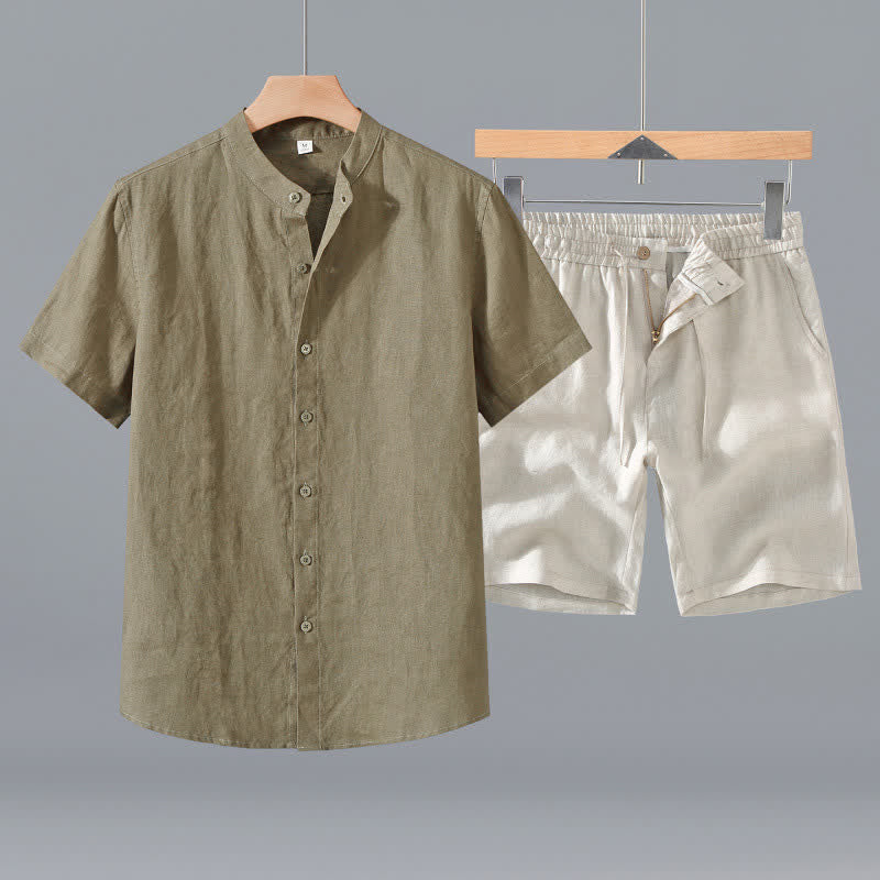 Buddha Stones 2Pcs Summer Mandarin Collar Button-Up Solid Linen Short Sleeve Shirt Shorts Men's Meditation Cloth With Pocket - DarkKhaki Shirt+Beige Shorts - US/UK/AU42,EU52 (3XL) - image 0