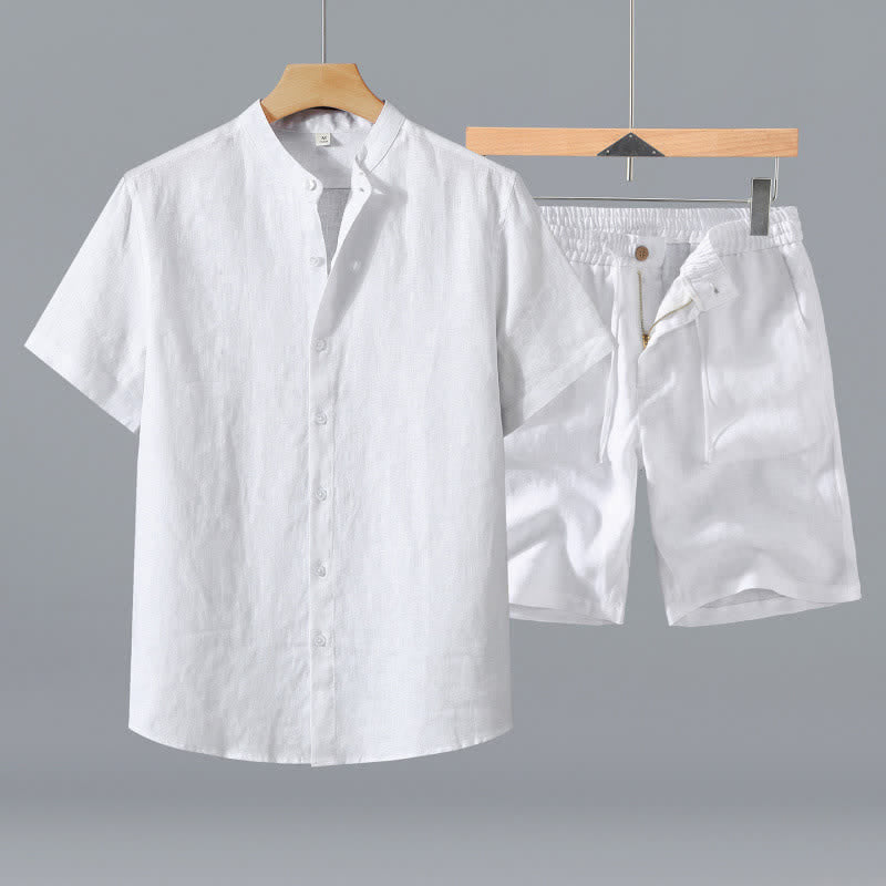 Buddha Stones 2Pcs Summer Mandarin Collar Button-Up Solid Linen Short Sleeve Shirt Shorts Men's Meditation Cloth With Pocket - White Shirt+Shorts - US/UK/AU42,EU52 (3XL) - image 18