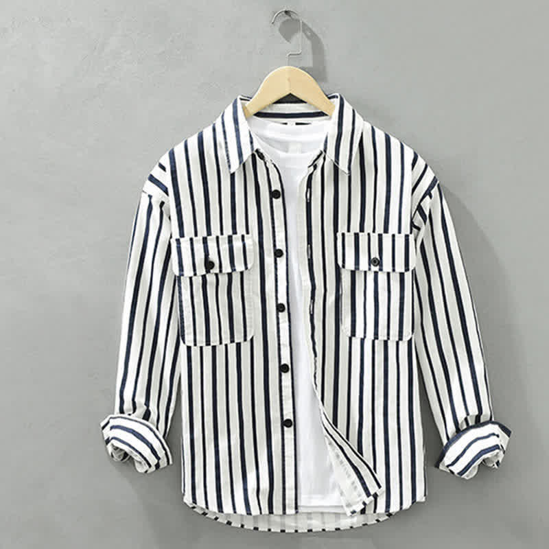 Buddha Stones Spring Casual Classic Button-Up Striped Men's Long Sleeve Shirts With Pocket - White - US/UK/AU42,EU52 (3XL) - image 0