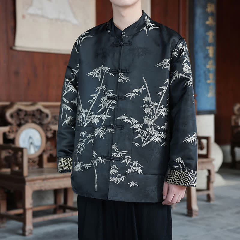 Buddha Stones Fall Winter Tang Style Vintage Mandarin Collar Crane Print Men's Jackets With Pocket - Bamboo Birds - US/UK/AU46,EU56 (5XL) - image 9