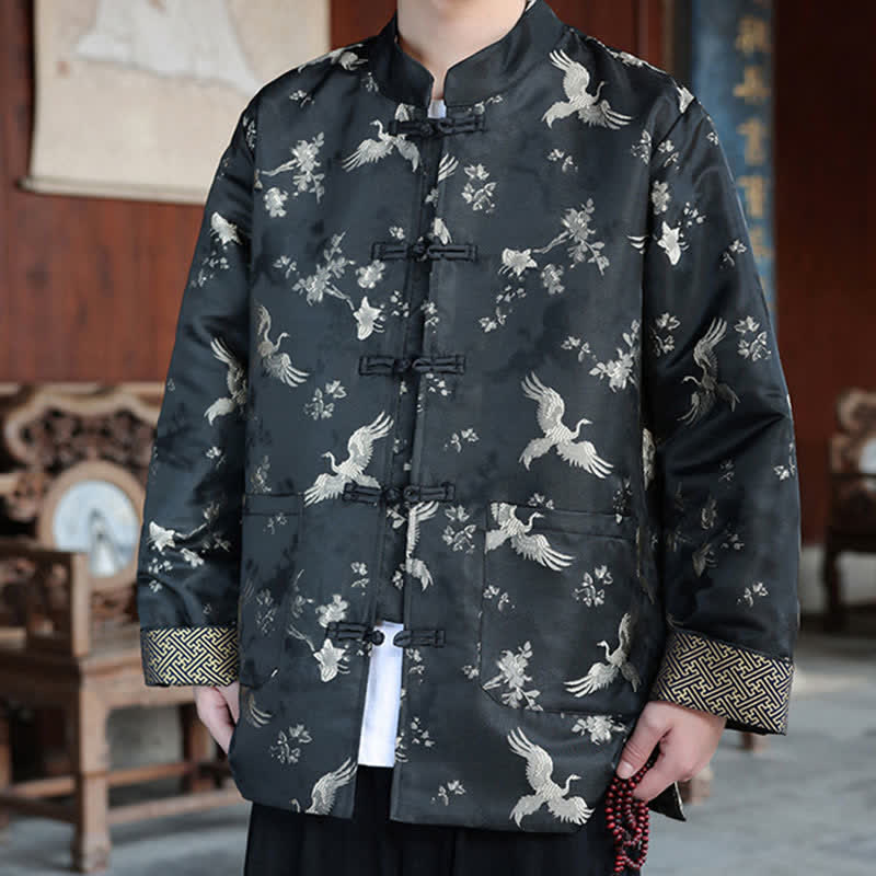 Buddha Stones Fall Winter Tang Style Vintage Mandarin Collar Crane Print Men's Jackets With Pocket - Red-crowned Cranes - US/UK/AU46,EU56 (5XL) - image 0