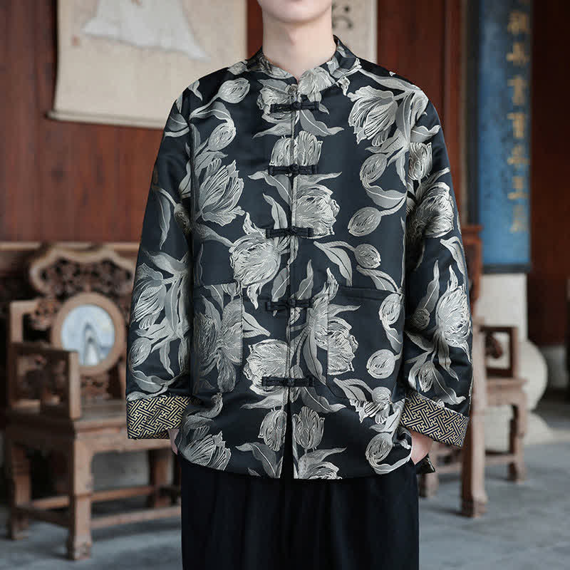 Buddha Stones Fall Winter Tang Style Vintage Mandarin Collar Crane Print Men's Jackets With Pocket - Flowers - US/UK/AU46,EU56 (5XL) - image 19