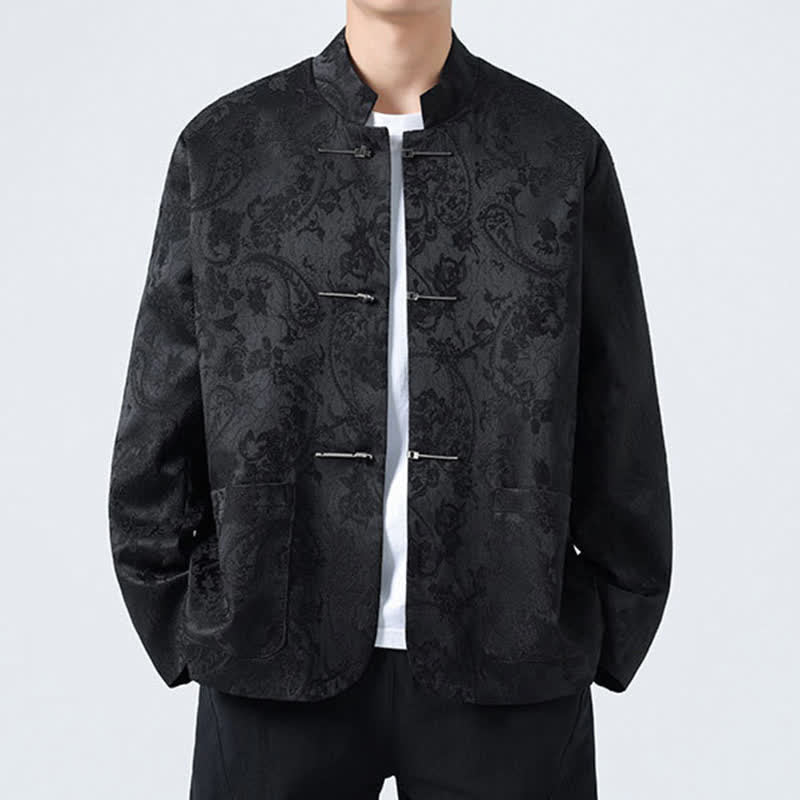 Buddha Stones Fall Winter Tang Style Vintage Mandarin Collar Frog Button Floral Men's Jackets With Pocket - Black - US/UK/AU46,EU56 (5XL) - image 0