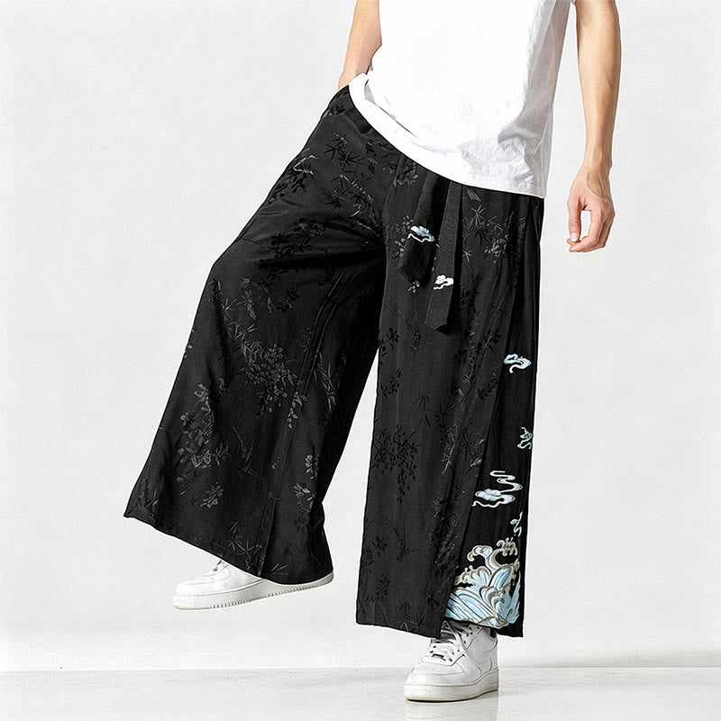 Buddha Stones Spring Summer Tang Style Drawstring Embroidery Abstract Cropped Pants Men's Wide Leg Pants With Pocket - Black - US/UK/AU46,EU56 (5XL) - image 0