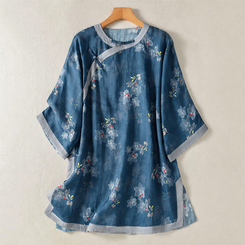 Buddha Stones Spring Summer Tang Style Vintage Frog Button Floral Cotton Linen Women's Elbow-Length Sleeve Shirts - SteelBlue - US12,UK/AU16,EU44 (2XL) - image 0
