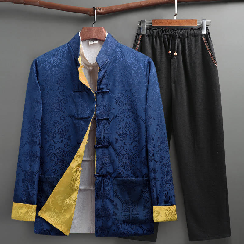 Buddha Stones 2Pcs Men's Tang Suit Koi Fish Pattern Frog-Button Long Sleeve Shirt Pants Set - RoyalBlue - US/UK/AU42,EU52 (3XL) - image 7