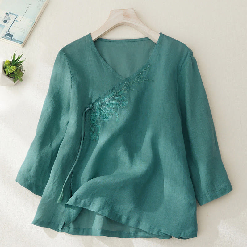 Buddha Stones Casual Women's Embroidery Plants Design Three Quarter Sleeve Shirt - LightSeaGreen - US8-10,UK/AU12-14,EU40-42 (2XL) - image 20