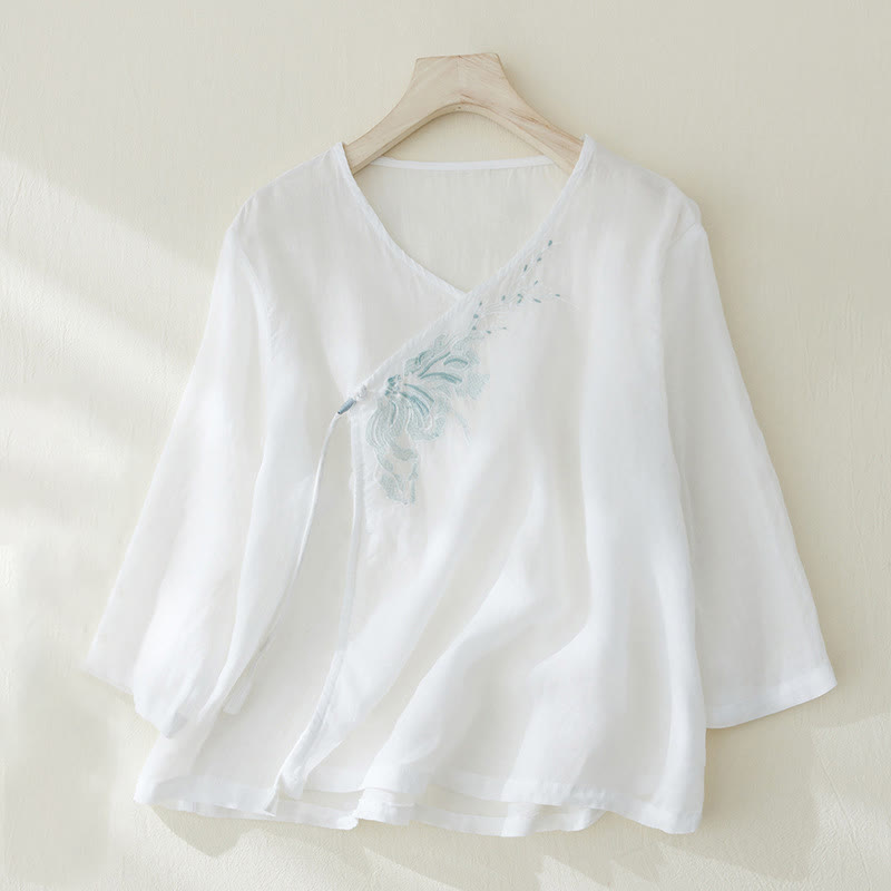 Buddha Stones Casual Women's Embroidery Plants Design Three Quarter Sleeve Shirt - White - US8-10,UK/AU12-14,EU40-42 (2XL) - image 7