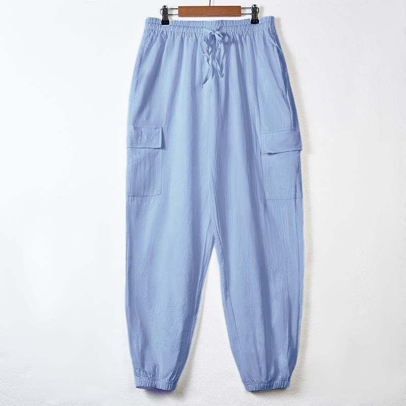 Buddha Stones Solid Color Linen Drawstring Men's Cargo Pants With Pockets - LightSkyBlue - US/UK/AU46,EU56 (3XL) - image 9