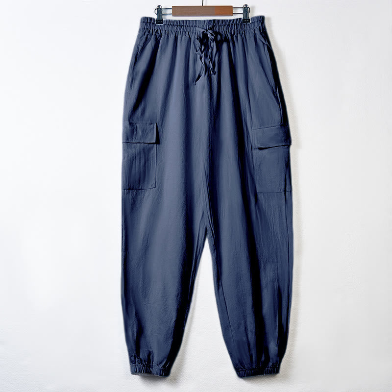 Buddha Stones Solid Color Linen Drawstring Men's Cargo Pants With Pockets - SteelBlue - US/UK/AU46,EU56 (3XL) - image 28