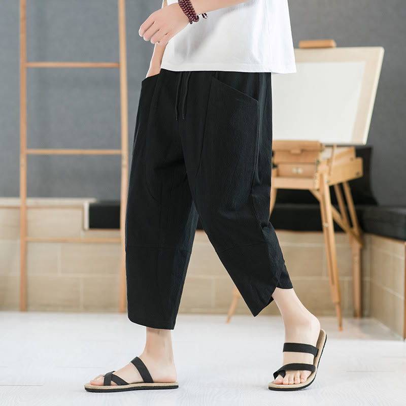 Buddha Stones Summer Men's Solid Color 7-8 Length Drawstring Pants With Pockets - Black - US/UK/AU46,EU56 (5XL) - image 6