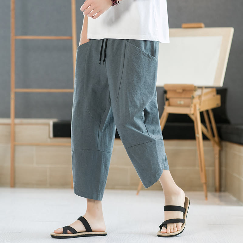 Buddha Stones Summer Men's Solid Color 7-8 Length Drawstring Pants With Pockets - CadetBlue - US/UK/AU46,EU56 (5XL) - image 0