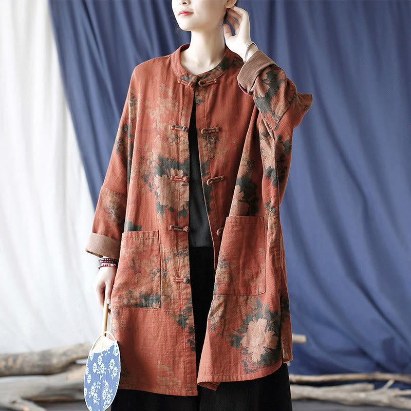Buddha Stones Orange Peony Flower Frog-Button Open Front Jacket With Pockets - US4-14,UK/AU8-18,EU36-46 (F) - image 0