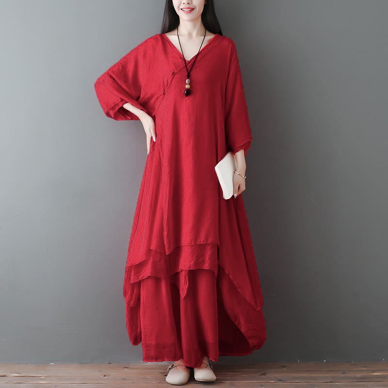 Buddha Stones V-Neck Midi Tunic Dress Wide Leg Pants Meditation Zen Practice Dance Clothing - 2Pcs Red(Dress&Pants) - US12,UK/AU16,EU44 (2XL) - image 7