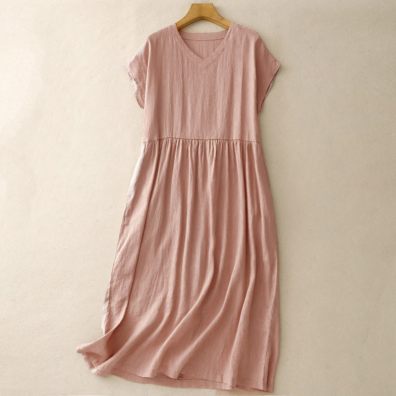 Buddha Stones Casual Artistic Solid Color Simple Design High Waist Short Sleeve Midi Dress With Pockets - Pink - US8-10,UK/AU12-14,EU40-42 (2XL) - image 13