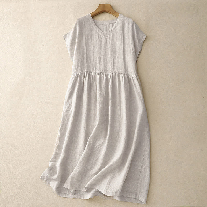 Buddha Stones Casual Artistic Solid Color Simple Design High Waist Short Sleeve Midi Dress With Pockets - Linen - US8-10,UK/AU12-14,EU40-42 (2XL) - image 0