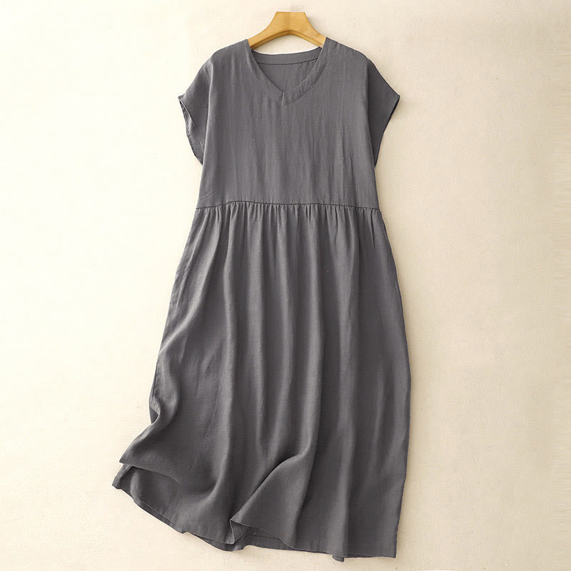 Buddha Stones Casual Artistic Solid Color Simple Design High Waist Short Sleeve Midi Dress With Pockets - SlateGray - US8-10,UK/AU12-14,EU40-42 (2XL) - image 8