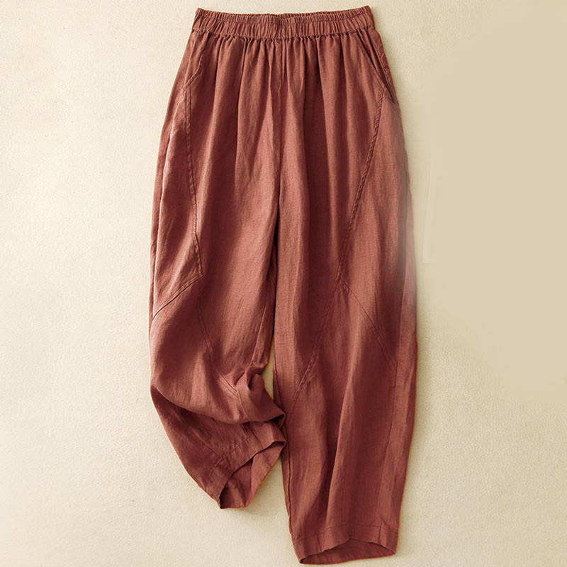 Buddha Stones Casual Plain Cropped Pants Women's Linen Harem Pants With Pockets - Maroon - US8-10,UK/AU12-14,EU40-42 (2XL) - image 15
