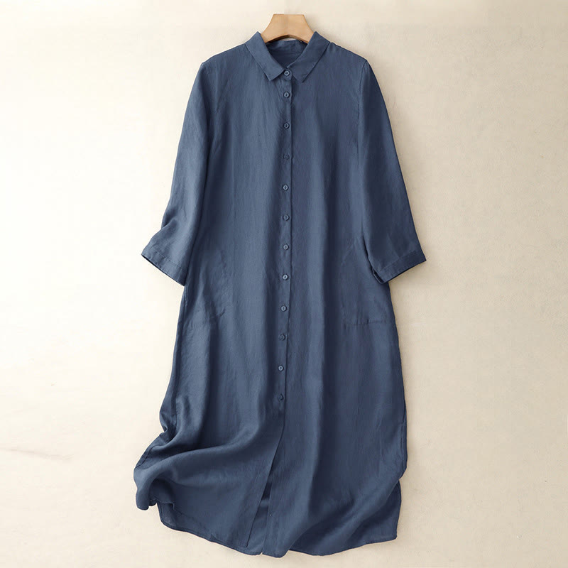 Buddha Stones Fall Commute Plain Buttons Design Long Sleeve Knee Length Dress With Pockets - MidnightBlue - US8-10,UK/AU12-14,EU40-42 (2XL) - image 1