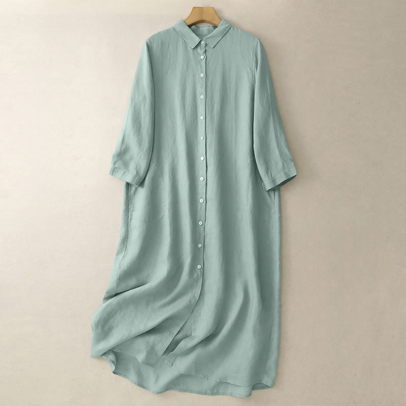 Buddha Stones Fall Commute Plain Buttons Design Long Sleeve Knee Length Dress With Pockets - MediumAquamarine - US8-10,UK/AU12-14,EU40-42 (2XL) - image 6