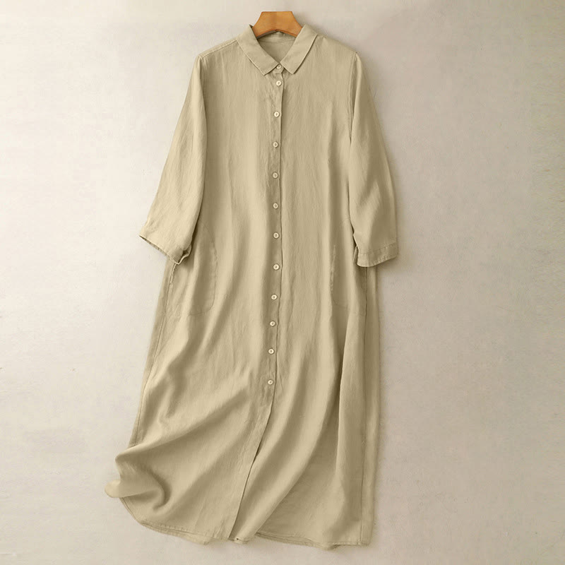 Buddha Stones Fall Commute Plain Buttons Design Long Sleeve Knee Length Dress With Pockets - PaleGoldenrod - US8-10,UK/AU12-14,EU40-42 (2XL) - image 9